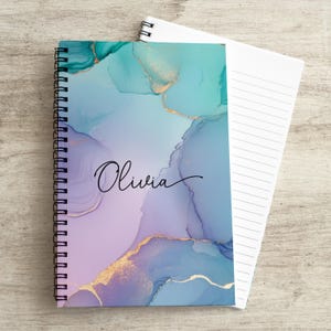 Personalized Notebook Custom Purple Journal, Custom Name Notebooks Pretty Marble Teal Notepad Gifts for Teacher Back to School Gifts for Her