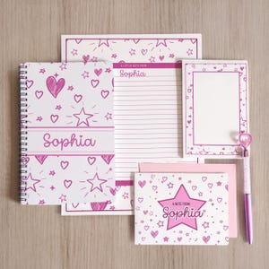 Ensemble de papeterie personnalisée, Ensemble de papier à lettres pour filles, Cahier de notes pour ados, Bloc-notes, Griffonnage, Cartes de correspondance coeurs étoiles Coffret cadeau enveloppes