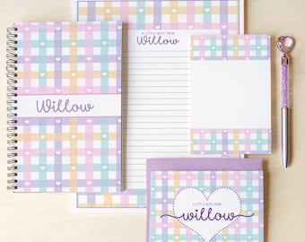 Personalized Stationery Set, Kids Letter Writing Set, Writing Paper for Girls, Heart Notebook, Girls Notepads, Notecard Set, with Envelopes