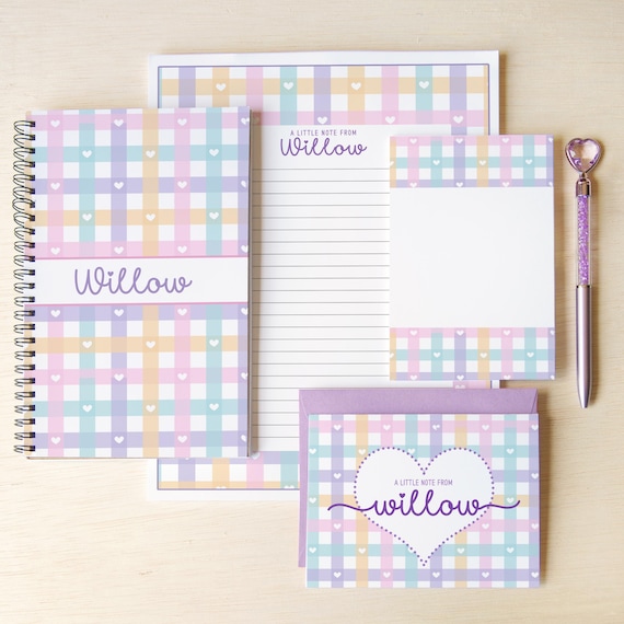 Personalized Stationery Set, Kids Letter Writing Set, Writing Paper for Girls, Heart Notebook, Girls Notepads, Notecard Set, with Envelopes