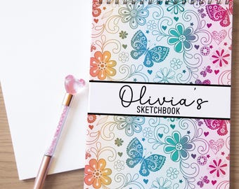 Girls Personalized Sketchbook, Kids Teens Custom Drawing Art Pad Books with Name, Stocking Stuffers, Party Favor gifts, Flower Art Pad