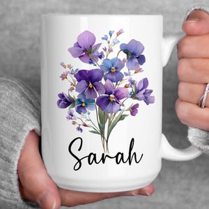 Custom Birth Flower Coffee Mug, Personalized Birthflower Cup with Name, Wildflower Birthday Mugs, December January February Birth Month Gift image 1
