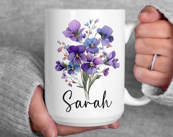 Mug fleur de naissance personnalisé, tasse fleur de naissance personnalisée avec nom, tasses d'anniversaire fleurs sauvages, cadeau mois de naissance décembre janvier février