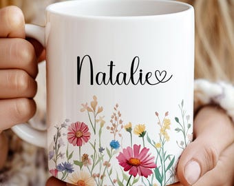 Personalized Wildflowers Mug, Custom Name Mugs, Floral Coffee Cup, Custom Birthday Gift, Gift for Mom, Women, Boho Wildflower, Mothers Day