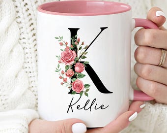 Custom Birth Flower Coffee Mug, Personalized June Birthflower Cup, Monogram Initial  Name, Rose Birthday Mugs, Birth Month Gift, Mothers Day