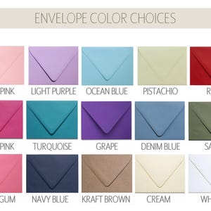 a collection of envelope colors, including light pink, light purple, ocean blue, pistachio, red, dark pink, turquoise, grape, denim blue, sage, bubblegum, navy blue, kraft brown, and cream.