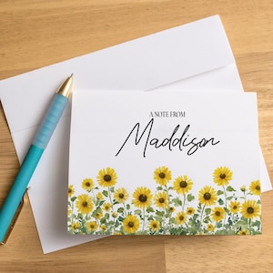 Personalized Note Cards with Name, Set of Sunflower Stationery Cards, Custom Notecards with Envelopes, Floral Thank You Cards Notes, Folded