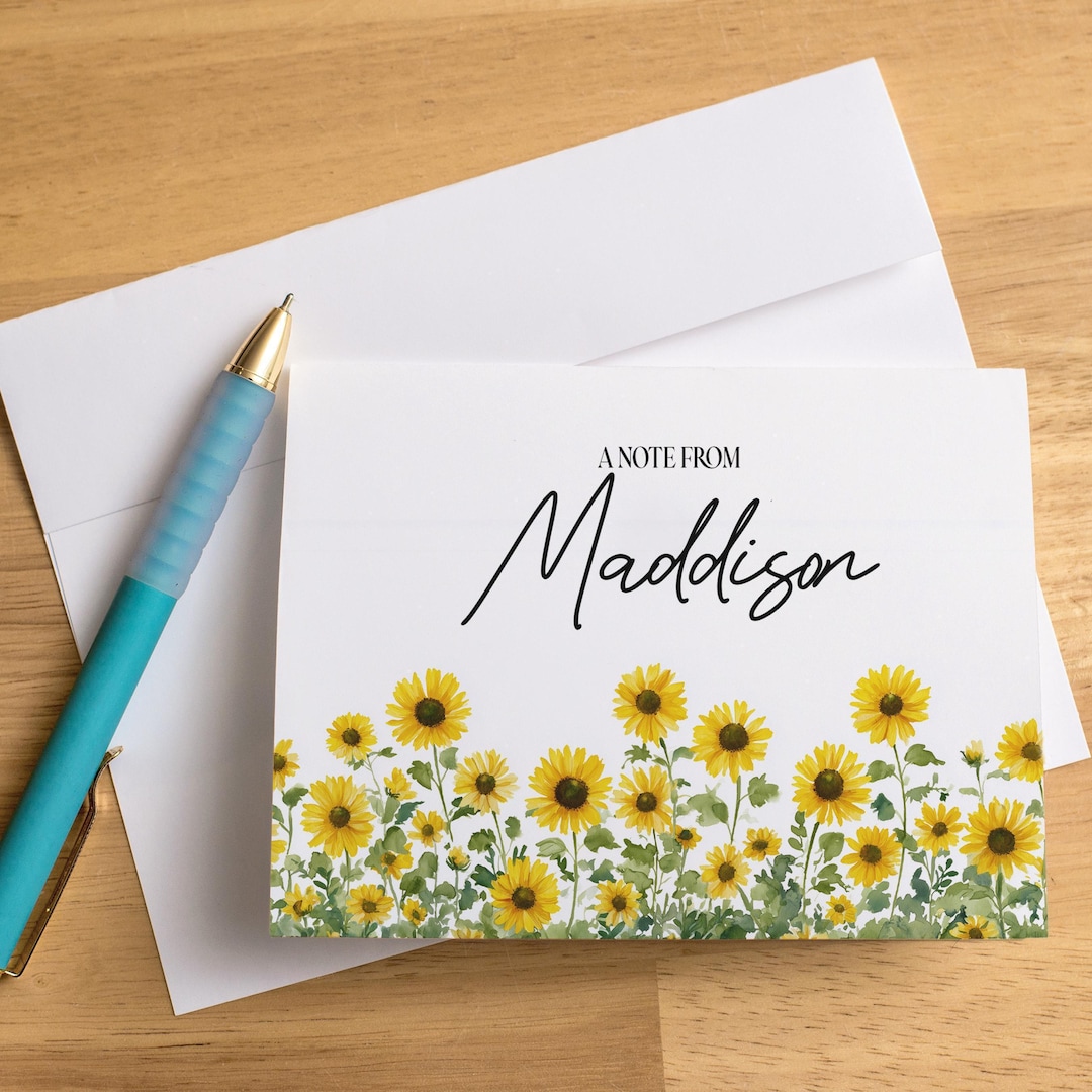 Personalized Note Cards With Name, Set of Sunflower Stationery Cards ...