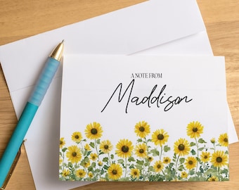 Personalized Note Cards with Name, Set of Sunflower Stationery Cards, Custom Notecards with Envelopes, Floral Thank You Cards Notes, Folded