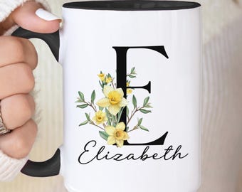 Custom Birth Flower Coffee Mug, Personalized March Birthflower Cup, Monogram Initial and Name, Birthday Mugs, Birth Month Gift, Mothers Day