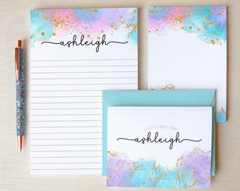 Personalized Stationery Set, Girls Watercolor Letter Writing Gift Sets, Women's Writing Paper & Envelopes  Notepad, Notecards w Pen