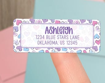 Girls Pastel Return Address Labels,  Personalized Address Stickers, Custom Address Labels, Cute Hearts Letter Writing, Invitation Labels