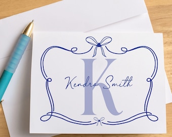 Personalized Monogram Note Cards, Custom Coquette Bow Notecards with Envelopes,  Folded Thank You Cards, Stationery Gift Set with name