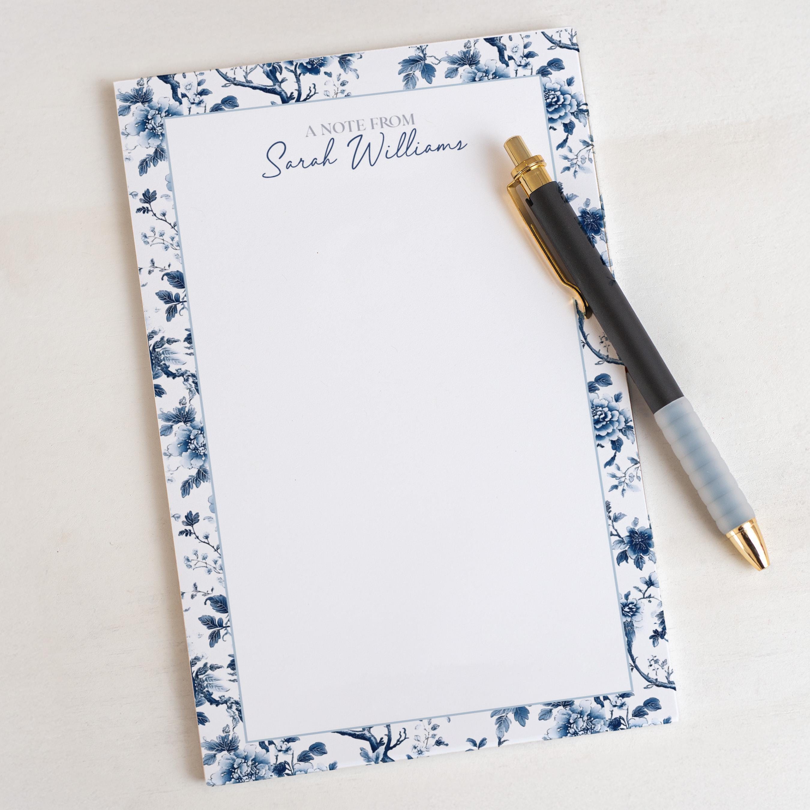 Personalized Notepad, Custom Name Notepads, Blue White Floral Blue ...