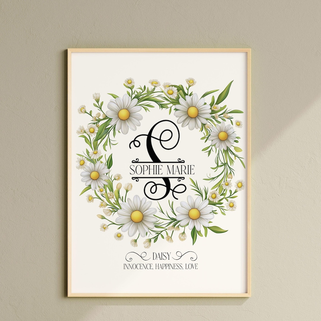Custom Birth Flower Wall Art Print, Custom Monogram Name, April Birth ...
