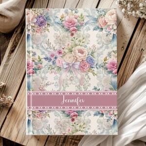 Personalized Pink Pastel Toile Journal, Custom Name Floral Hardcover Notebook, Coquette Bow, Bridesmaid Wedding Bridal Party Gift for Her