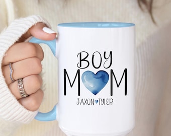 Personalized Boy Mom Mug Coffee Cup, Name Mugs, Custom Blue Heart Mom of Boys Gift, Mothers Day gift for Mama, Gifts from Kids for Moms