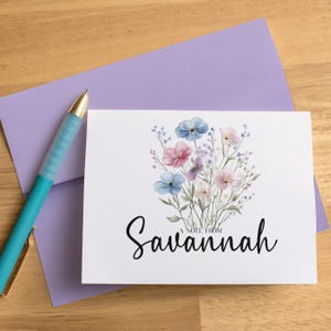 Cartes de correspondance personnalisées avec nom, jeu de cartes pliées de papeterie fleurs sauvages, cartes de correspondance et enveloppes personnalisées, fleurs violettes, mots de remerciement