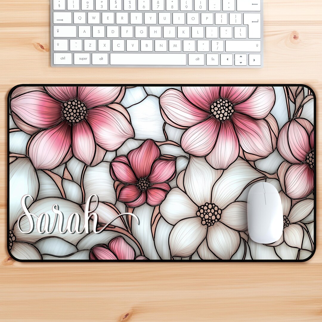 Custom Floral Desk Mat Mousepad, Personalized Name, Large Stained Glass ...