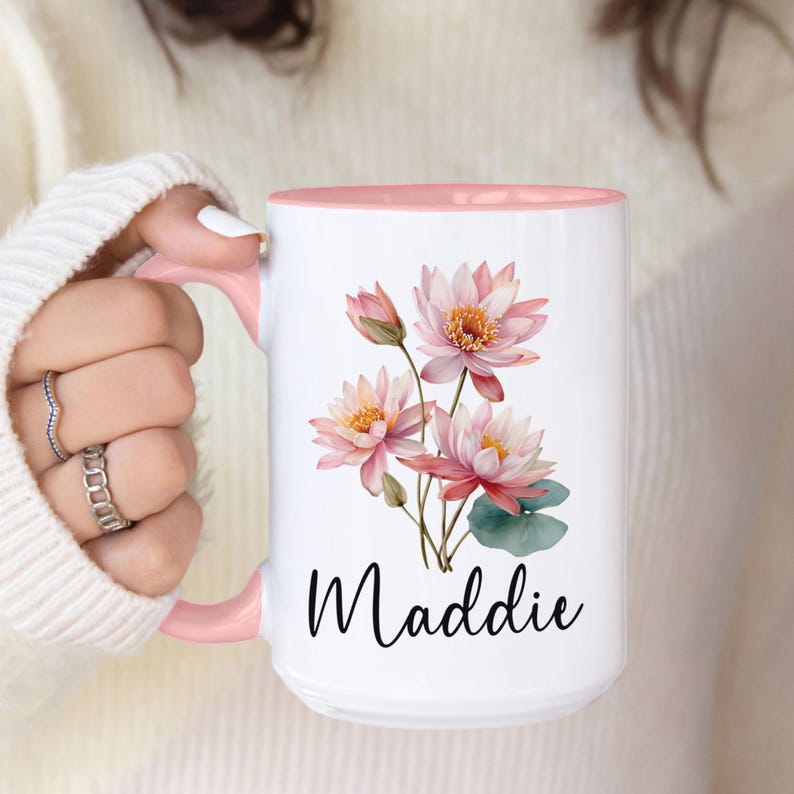 Custom Birth Flower Coffee Mug, Personalized Birthflower Cup with Name, Wildflower Birthday Mugs, December January February Birth Month Gift image 6