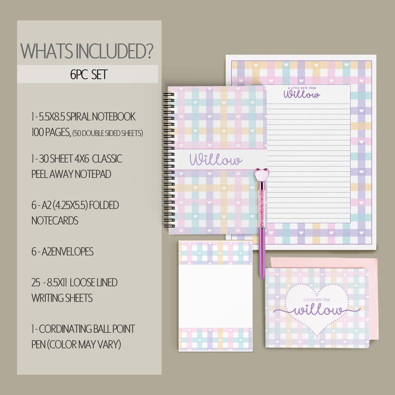 Personalized Stationery Set, Kids Letter Writing Set, Writing Paper for Girls, Heart Notebook, Girls Notepads, Notecard Set, with Envelopes 6pc Stationery Set