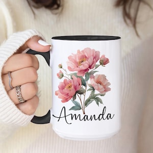 Custom Birth Flower Coffee Mug, Personalized Birthflower Cup with Name, Wildflower Birthday Mugs, December January February Birth Month Gift image 2