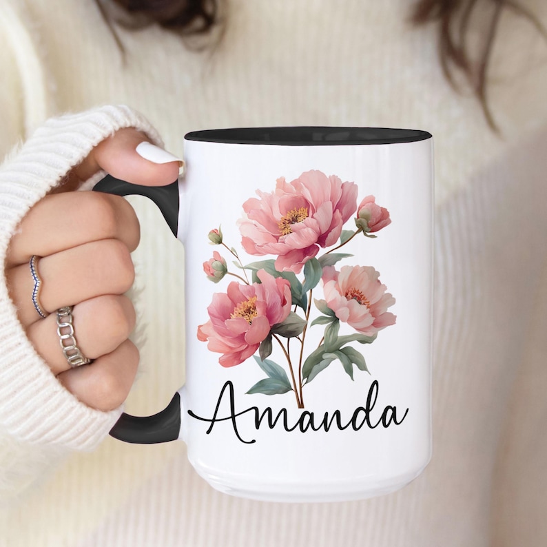 Custom Birth Flower Coffee Mug, Personalized Birthflower Cup with Name, Wildflower Birthday Mugs, December January February Birth Month Gift image 2