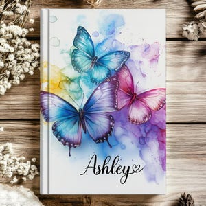 Rainbow Butterfly Hardcover Journal Notebook, Custom Name Writing Notebooks, Personalized Journals, Birthday,  Mothers Day Gifts for Her