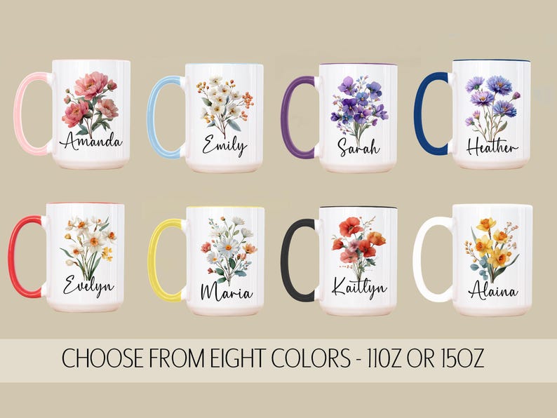 Custom Birth Flower Coffee Mug, Personalized Birthflower Cup with Name, Wildflower Birthday Mugs, December January February Birth Month Gift image 5