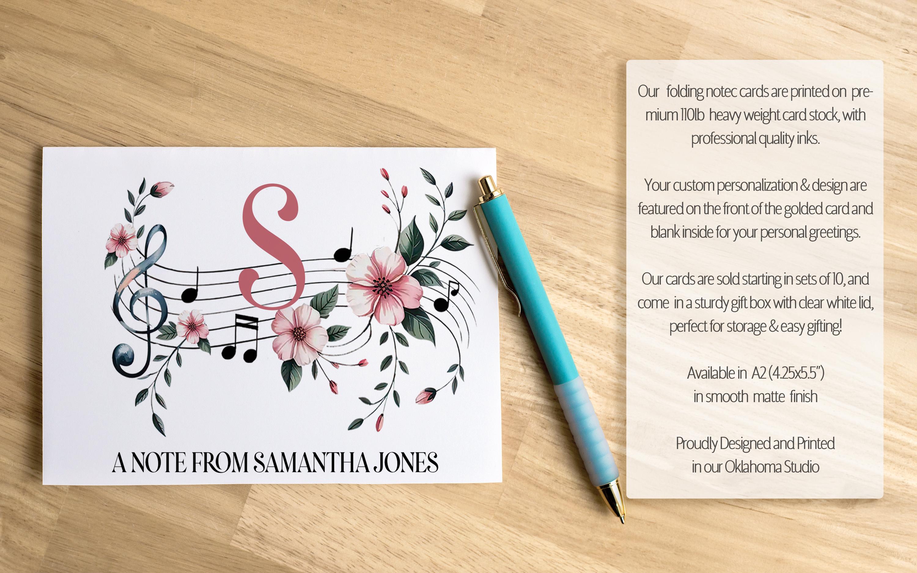 Personalized Music Notecards, Floral Music Notes Folded Card Set ...