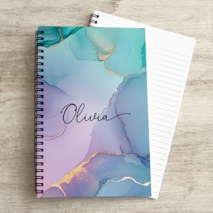 Personalized Notebook Custom Purple Journal, Custom Name Notebooks Pretty Marble Teal Notepad Gifts for Teacher Back to School Gifts for Her