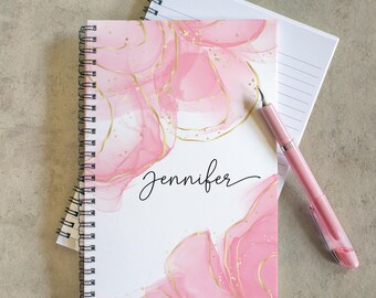 Personalized Pink Notebook Journal, Custom Name Notebooks Pretty Abstract Spiral Notebook Gifts for Teacher Back to School Gifts for Her