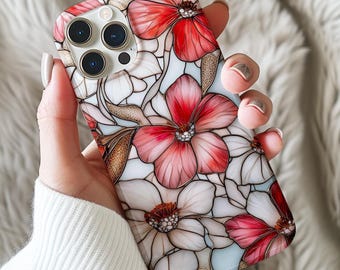 Floral Stained Glass IPhone Case, IPhone 16 Pro Plus 15 14 13 Pro Max Mini Pink Aesthetic Cover, Luxury 3D Flowers Phone Case gift for Her