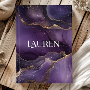 Custom Hardcover Journal Notebook, Personalized Women Writing Notebooks, Custom Name, Purple Marbled Journals, Gift for Mothers day, for her