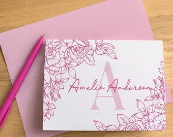 Personalized Monogram Note Cards, Set of Floral Family Name Stationery Notecards, Custom Folded Thank You Cards, Stationery Gift Set for Her