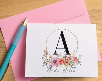 Personalized Note Cards with Name, Set of Floral Family Monogram Stationery Notecards, Custom Folded Cards Envelopes, Thank You Cards, Notes