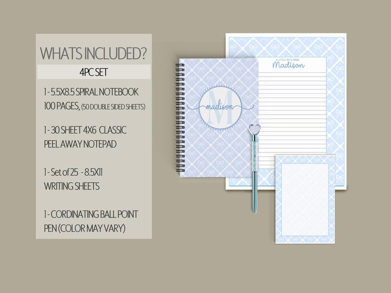 Personalized Stationery Set, Letter Writing Set, Writing Paper for Girls, Blue Coquette Bow Notebook, Notepads, Notecard Set, with Envelopes 4pc Stationery Set