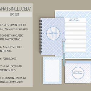 Personalized Stationery Set, Letter Writing Set, Writing Paper for Girls, Blue Coquette Bow Notebook, Notepads, Notecard Set, with Envelopes 6pc Stationery Set