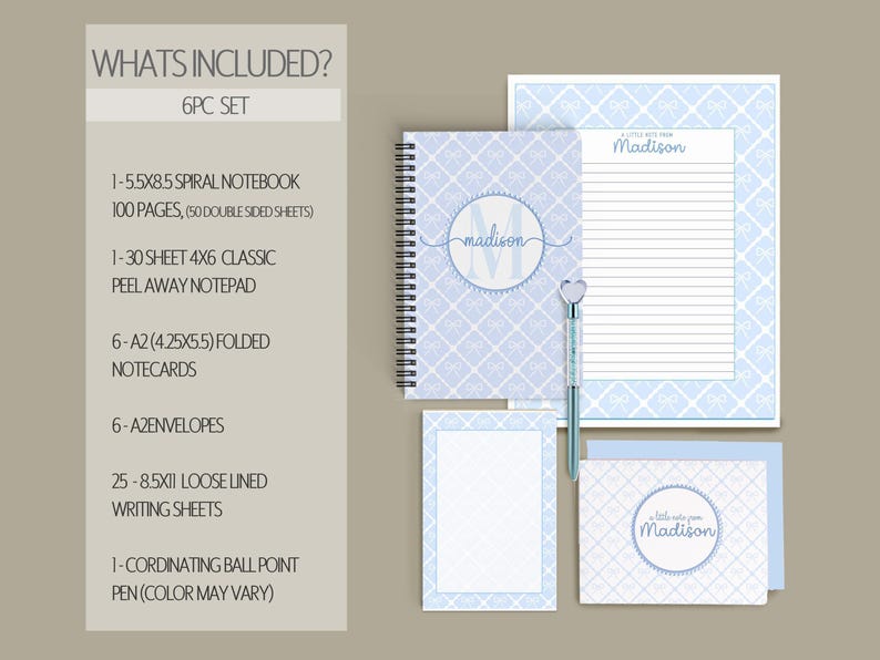 Personalized Stationery Set, Letter Writing Set, Writing Paper for Girls, Blue Coquette Bow Notebook, Notepads, Notecard Set, with Envelopes 6pc Stationery Set