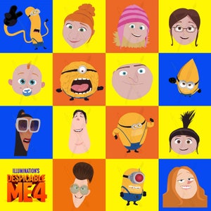 May include: A colorful grid of characters from the animated movie Despicable Me 4. The characters include Gru, the Minions, and other characters from the movie. The text "Illumination's Despicable Me 4" is at the bottom of the image.