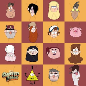 Pode incluir: Uma grade de 12 personagens de desenhos animados do programa da Disney Gravity Falls. Os personagens incluem Dipper Pines, Mabel Pines, Stan Pines, Ford Pines, Wendy Corduroy, Soos Ramirez, Bill Cipher e outros. Os personagens estão todos em suas poses e roupas características.