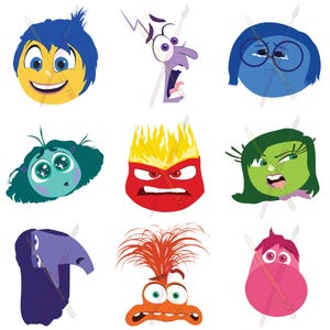 May include: Nine cartoon characters representing different emotions: Joy, Fear, Sadness, Anger, Disgust, Bing Bong, and a pink character. The characters are all smiling or frowning, and they are all in different colors.