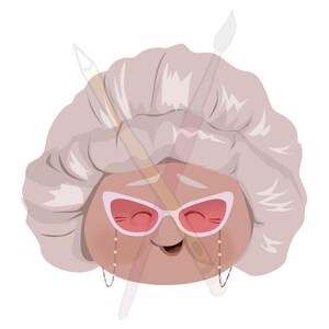 May include: A cartoon illustration of a face with pink sunglasses and a pink shower cap. The face is smiling and has rosy cheeks.