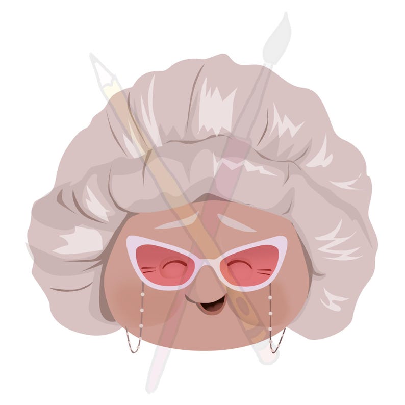 May include: A cartoon illustration of a face with pink sunglasses and a pink shower cap. The face is smiling and has rosy cheeks.