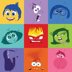 May include: A colourful illustration of nine different emotions from the movie Inside Out. The emotions are Joy, Fear, Sadness, Anger, Disgust, Bing Bong, and a few others. The emotions are all in a grid format, with each emotion having its own colour.