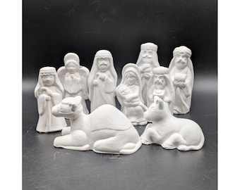 Vintage 9 Piece Miniature Nativity Set Unfinished Ready to Paint White