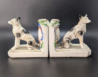 Vintage Porcelain Dog Bookends German Shepherd Figurine Set of 2 Made in Japan