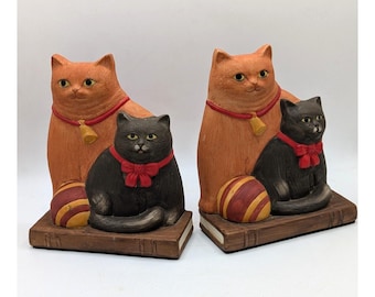 Pair Vintage Dept 56 Bookends Black and Orange Cats Sitting on a Book Ceramic 7"