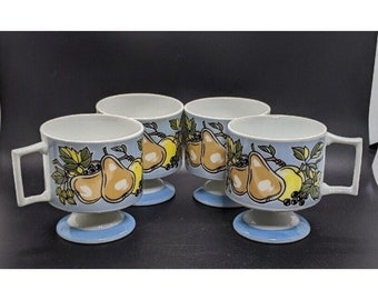 Florencia Mug Set of 4 Footed Pedestal Blue with Fruit MCM Vintage Floral #746