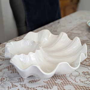 Vintage Clam Shell Divided Chip and Dip Bowl White Ceramic Serving Dish 11.5"